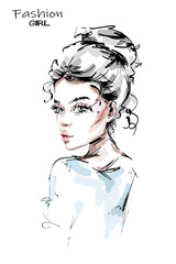 Hand drawn beautiful young woman with cute hairstyle. Stylish girl. Fashion woman look. Sketch.