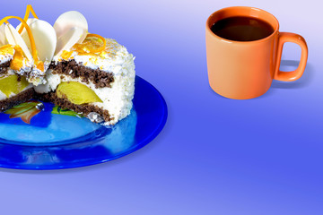 Creamy cake with a piece cut out with clices if oranges on blue plate and cup of tea coffee, isolated. Copy space.