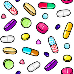 Seamless pattern with lot of pills and capsules. Medicine or dietary supplements. Healthy lifestyle. Alcohol markers style. Doodle. Health and care. Design for clinics, hospitals, pharmacies. Vector