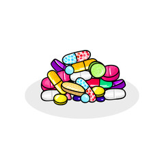 Lot of pills and capsules. Medicine or dietary supplements. Healthy lifestyle. Alcohol markers style. Doodle. Health and care. Design for clinics, hospitals, pharmacies, medical posters. Vector, eps10