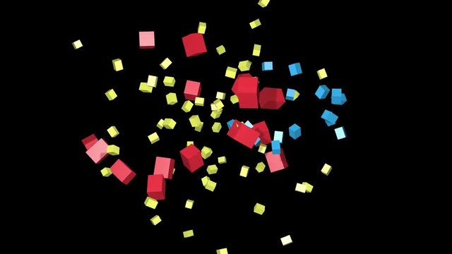 Colorful cubes spinning, rotating, floating ,flying. 3d animation, Orbiting camera .Black and white alpha matte included.