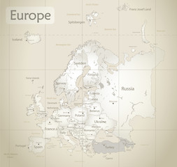 Europe map, new political detailed map, separate individual states, with state city and sea names, old paper background vector