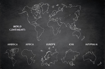 World continents map, America, Europe, Africa, Asia, Australia, blackboard school chalkboard vector