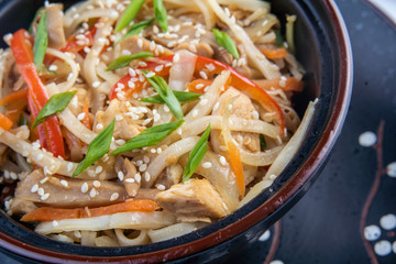 Japanese ramen soup with chicken, egg, chives and sprout on dark wooden background.