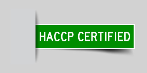 Label square green sticker in word HACCP (Hazard Analysis and Critical Control Point) certified that insert under gray background (vector)