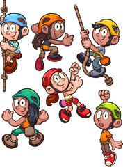 Cartoon rock climbing kids clip art. Vector illustration with simple gradients. Each on a separate layer.