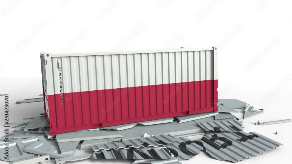 Poster container with flag of poland breaking container with import text. conceptual 3d animation