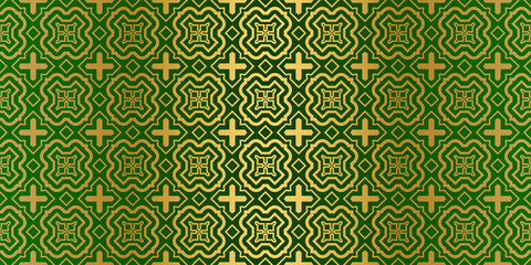 Geometric Modern Luxury Ornament. Seamless Vector Pattern. For Wallpaper, Invitation, Fashion Design. Green gold color