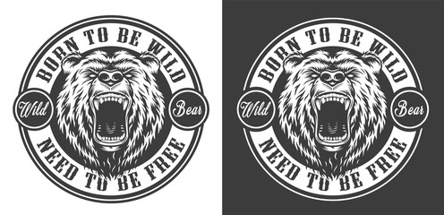 Vintage ferocious bear head round emblem
