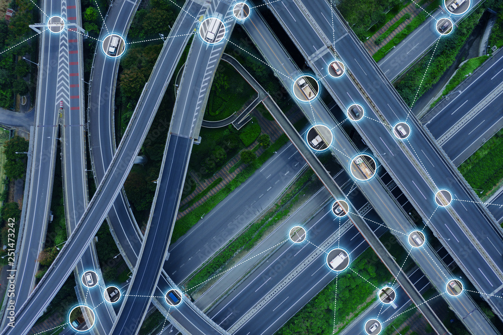 Poster communication network of transportation concept. traffic control system.