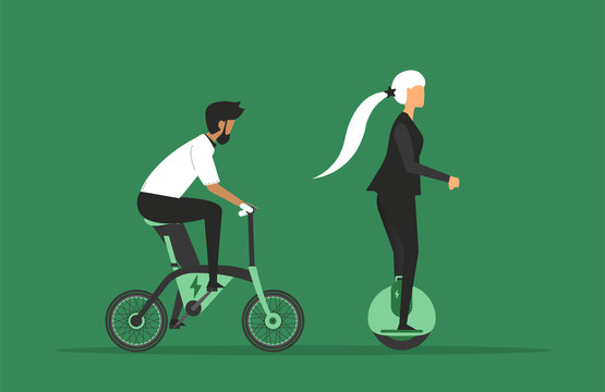 Cartoon character picture with man and woman  riding fast modern electric bicycle and electric monowheel. Enjoying futuristic bike ride. Flat style vector illustration. Green Background