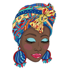 JPEG Colorful portrait of a beautiful African American woman in a scarf drape with ornament and a knot on her head. Close-up face fashion model with closed eyes and large earrings. Isolated on white
