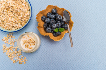 Waffle with blueberries and mint leaf. Yogurt with cinnamon and bowl of oatmeal.