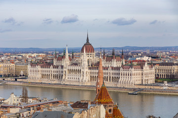 Fototapeta na wymiar View from the Fishermen's Bastion on the Hungarian Parliament Building In Budapest, Hungary