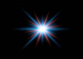 Abstract flash light effects with red and blue bright rays. Design element isolated on dark background.