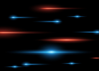 Abstract blue and red horizontal bright rays on dark isolated background. Vector light effect.