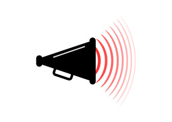 Megaphone with abstract red outgoing sound waves. Vector illustration, icon design element. Isolated background.