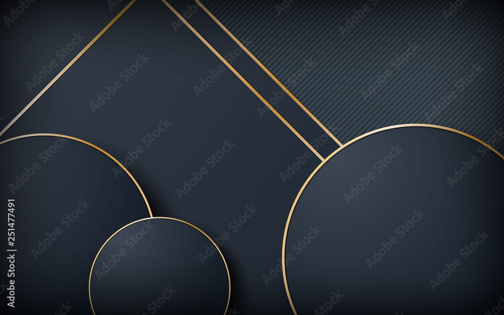 Poster luxury abstract dark background with circle shape. realistic golden line and shapes textured object.