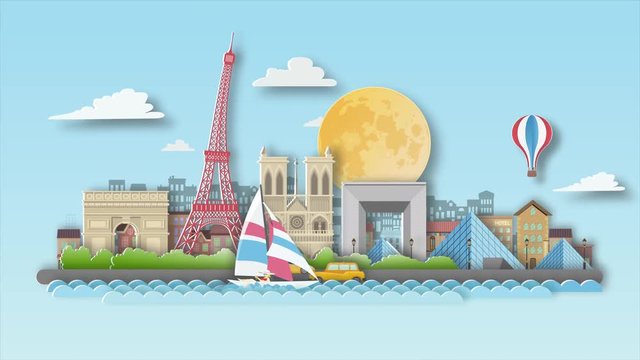 France travel destination background video animation ,flat cartoon and paper art landmarks concept, motion graphic  background