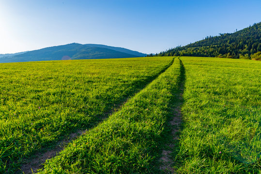 Long Straight Road On A Grassy Field