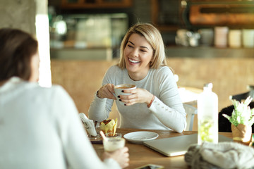 Happy woman enjoying in conversation with her female friend in a cafe.