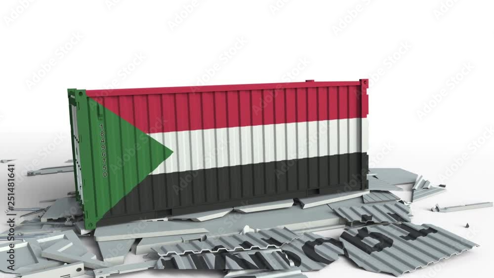 Poster container with flag of sudan breaking container with import text. conceptual 3d animation