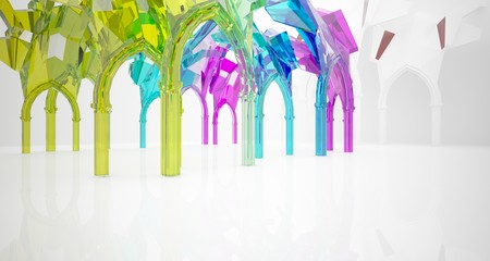 Abstract white and colored gradient glasses gothic interior. 3D illustration and rendering.