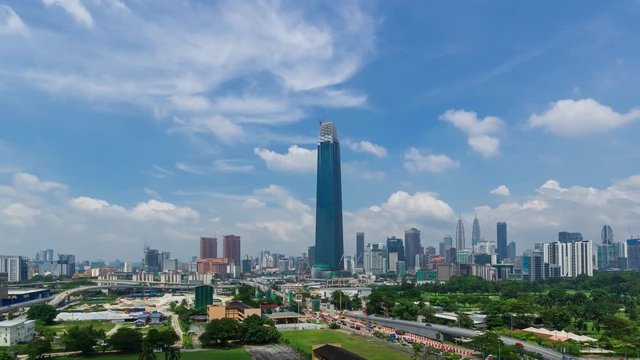KUALA LUMPUR, MALAYSIA - 29th OCT 2018; 4K Time lapse of moving clouds over Exchange 106 tower. The tower still under construction and will become highest tower in Malaysia when it complete.
