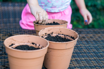 Little girl is putting seeds to soil in a garden