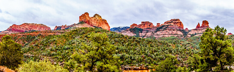 Panorama of the red rocks of Schnebly Hill and other red rocks at the Oak Creek Canyon viewed from Midgely Bridge on Arizona SR89A, between Sedona and Flagstaff in northern Arizona, USA