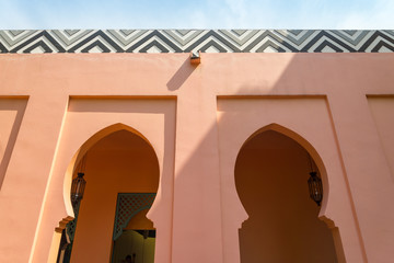 Beautiful morocco building architecture style. Corridor and lamp in colorful.