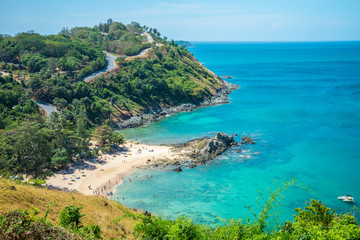 Beautiful tropical island paradise beach from viewpoint hill, Phuket Thailand. Summer tropical beach holiday vacation or travel business concept.