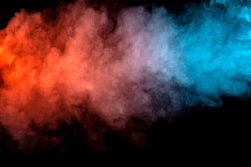 Fototapeta na wymiar Background of orange, purple, red and blue wavy smoke on a black isolated ground. Abstract pattern of steam from vape of smoothly rising clubs. Mocap and print for t-shirt.