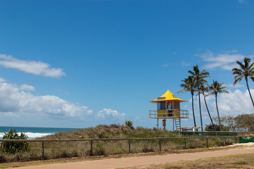 summer scene lifeguard tower on the beach palm trees and blue sky walk path beach Australia Gold Coast