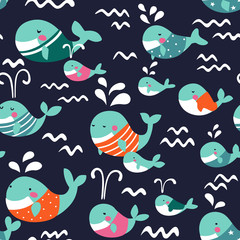 Cute seamless pattern with funny whales in pastel colors