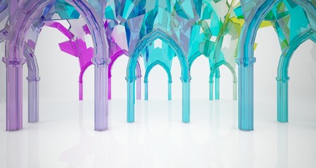 Abstract white and colored gradient glasses gothic interior. 3D illustration and rendering.