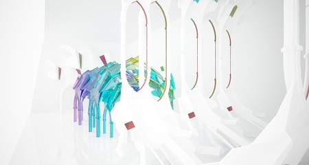 Abstract white and colored gradient glasses gothic interior. 3D illustration and rendering.