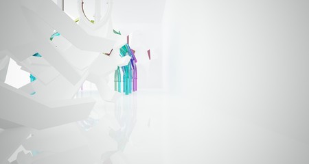 Abstract white and colored gradient glasses gothic interior. 3D illustration and rendering.
