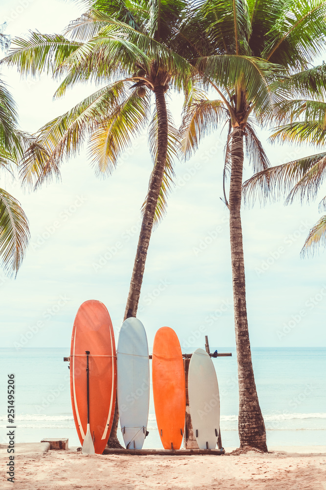 Wall mural surfboard and palm tree on beach background.