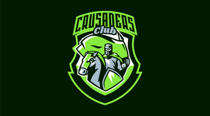 Knight emblem with a flag, horse rider. Knight prancing a horse holding a flag. Armor, sword, stallion, swordsman, paladin, warrior. Vector illustration