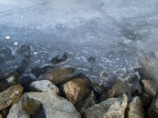 rocky pond edge with frozen ice on the water surface in the shade