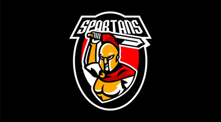 Obraz premium Emblem, logo, badge, Spartan with a sword. Ancient Greek warrior, gold armor, hoplite, Corinthian helmet, soldier, shield. Vector illustration