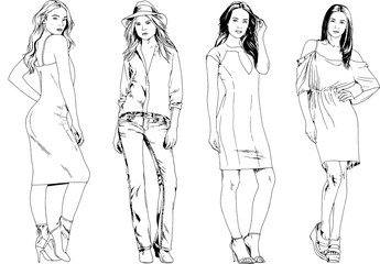 vector drawings on the theme of beautiful slim sporty girl in casual clothes in various poses painted ink hand sketch with no background