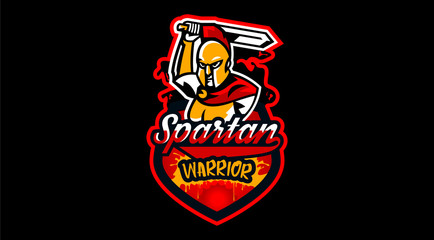 Naklejka premium Emblem, logo, badge, Spartan with a sword. Ancient Greek warrior, gold armor, hoplite, Corinthian helmet, soldier, shield. Vector illustration