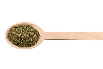 thyme herb in wooden spoon isolated on white background