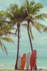 Surfboard and palm tree on beach background.