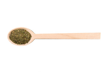 thyme herb in wooden spoon isolated on white background