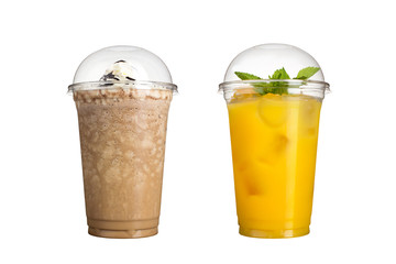 Delicious fruit smoothies in plastic cups, on a white background. Two cocktails with fruit and milk with chocolate.