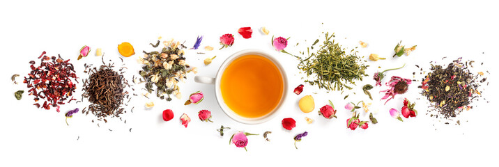 Creative layout made of cup of tea, green tea, black tea, fruit and herbal, tea, turmeric, ginger...