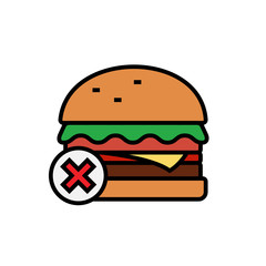 no junk food icon. burger with cross symbol for healthy diet illustration. simple vector graphic